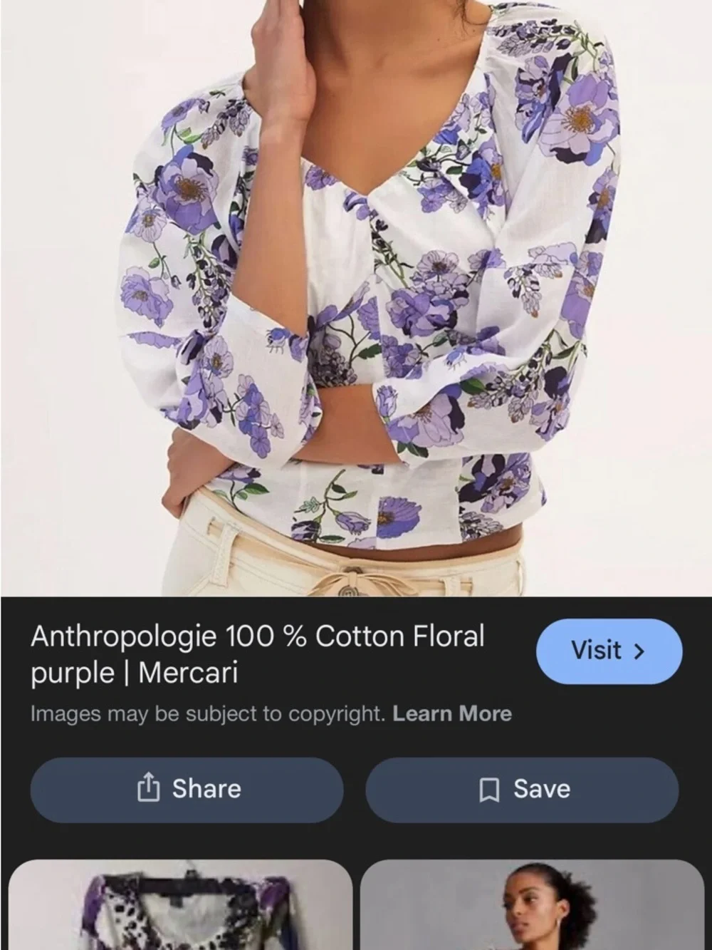 Anthropologie Floral Puff-Sleeve V-Neck Top in White and Purple